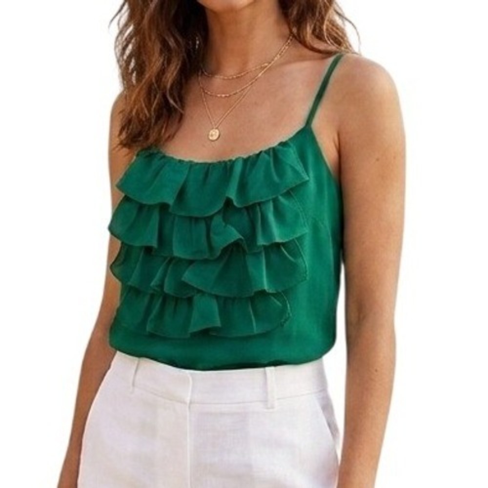 Vintage Forever‎ 21 Green Ruffle Front Tank Top Adjustable Straps Size Large